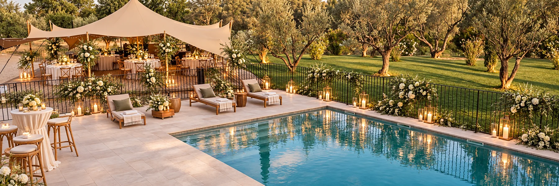 Projection d’un cocktail de mariage sur la terrasse près de la piscine du château