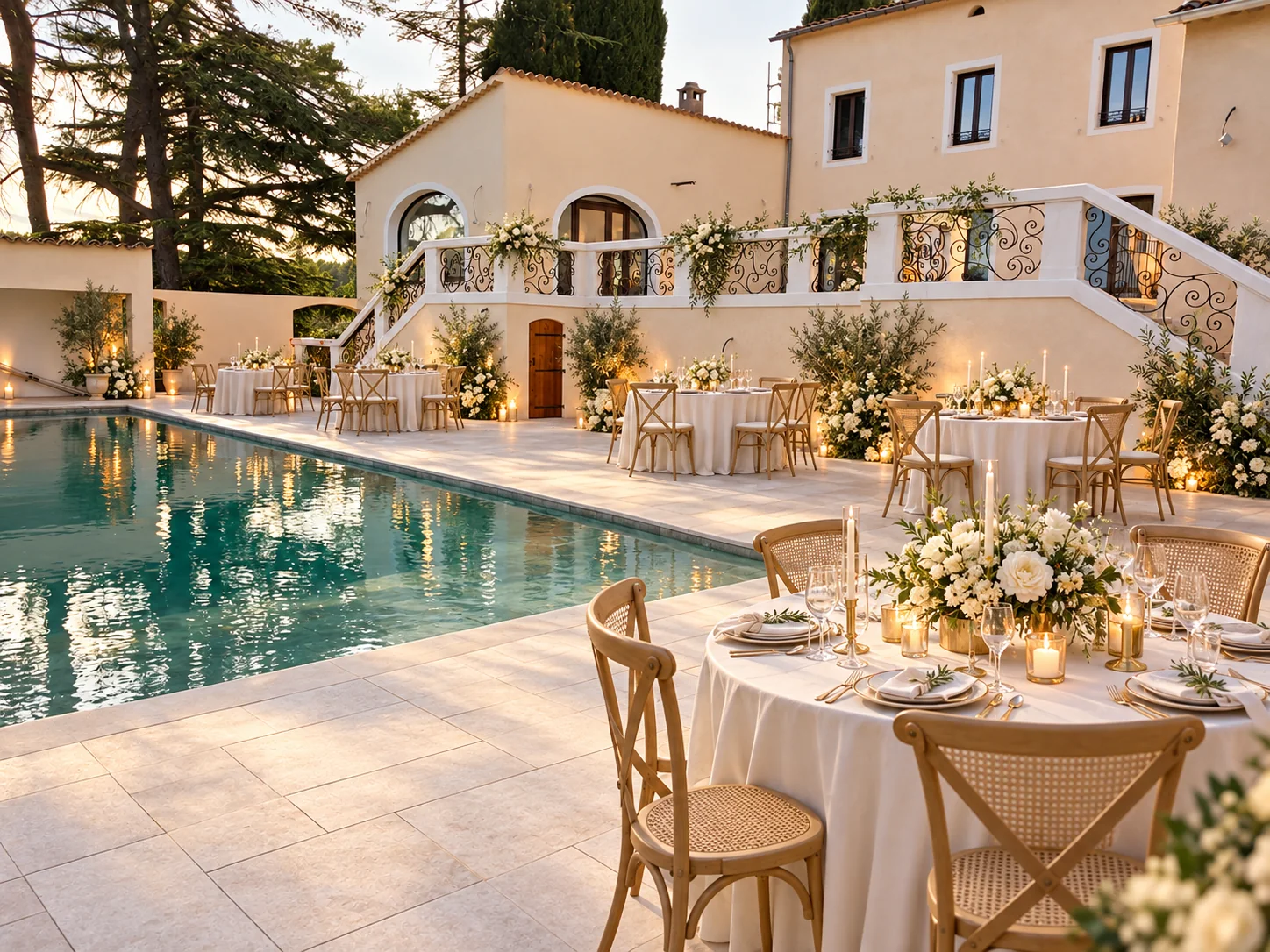 Projection d’un dîner de mariage avec tables dressées près de la piscine et de la bastide