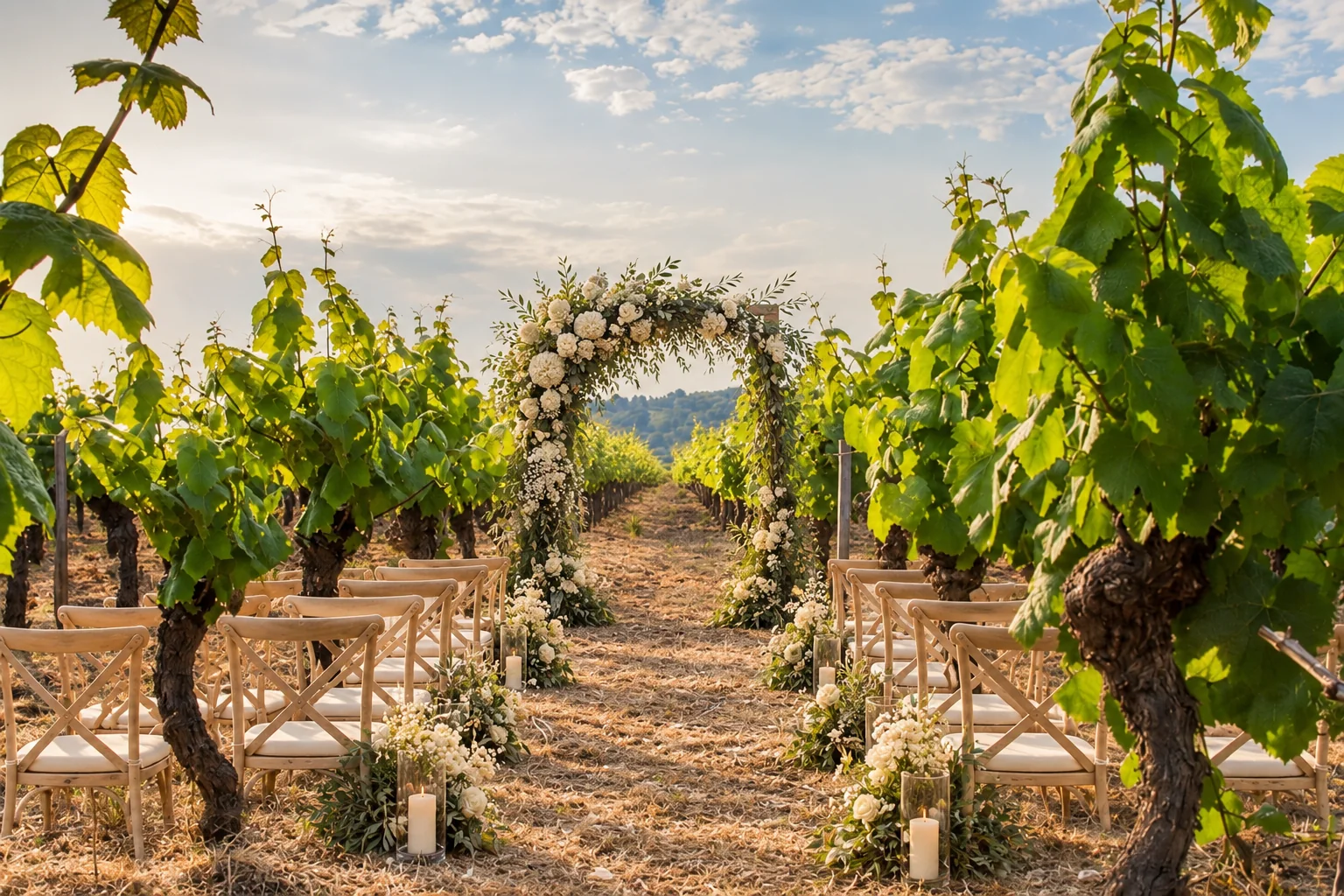 Projection d’une cérémonie avec arche fleurie et chaises ivoire entre les vignes du domaine